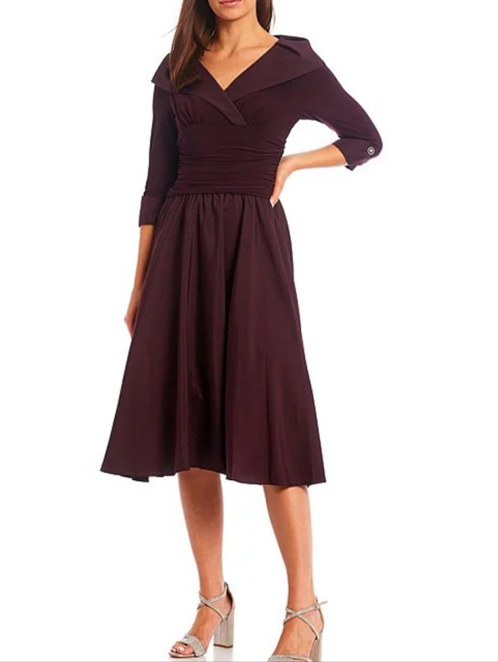 Jessica Howard Jersey Taffeta 3/4 Sleeve Portrait Collar Ruched A-Line Dress